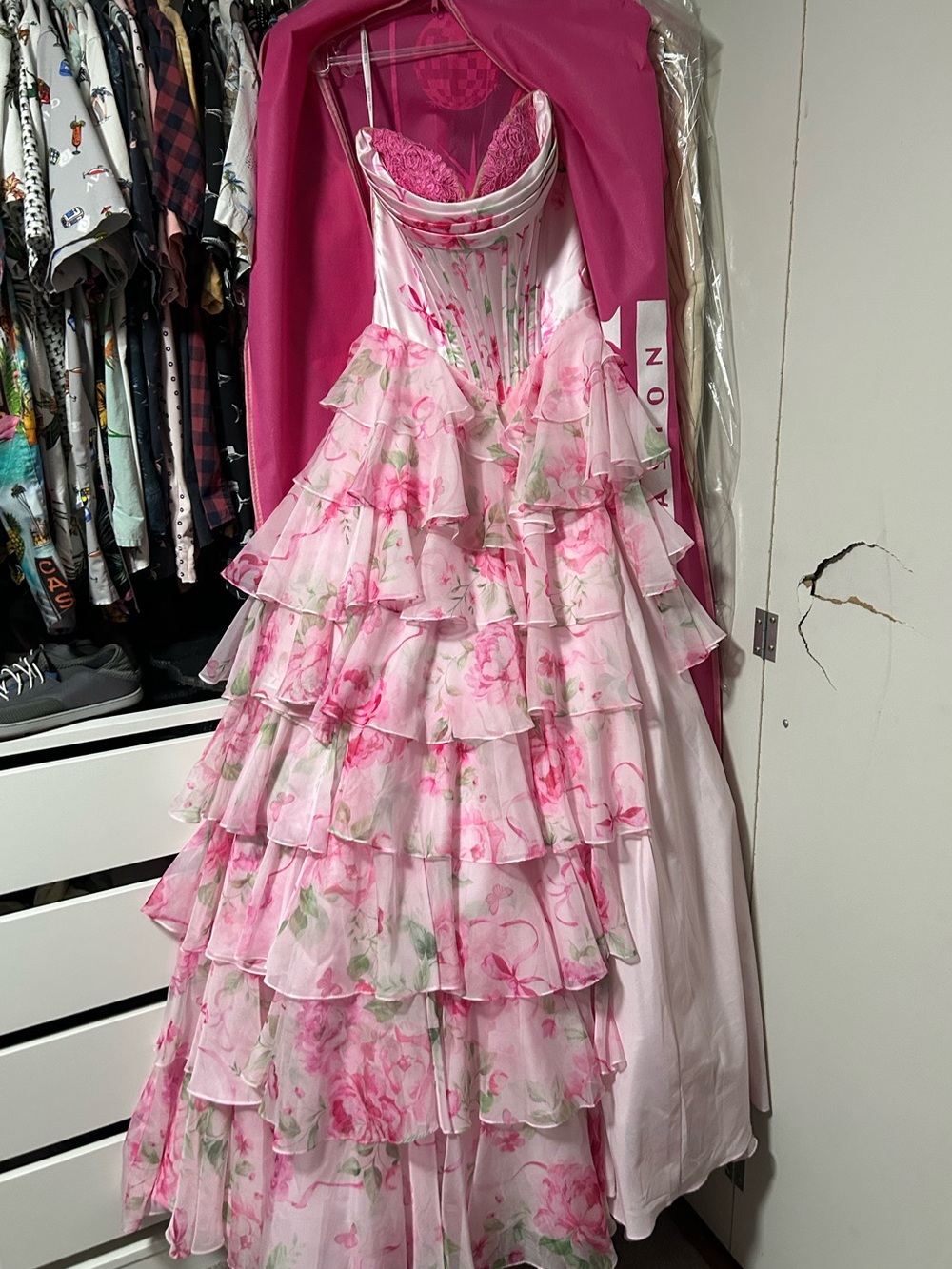 Sherri Hill Pink Floral Layered Ruffle Prom Gown